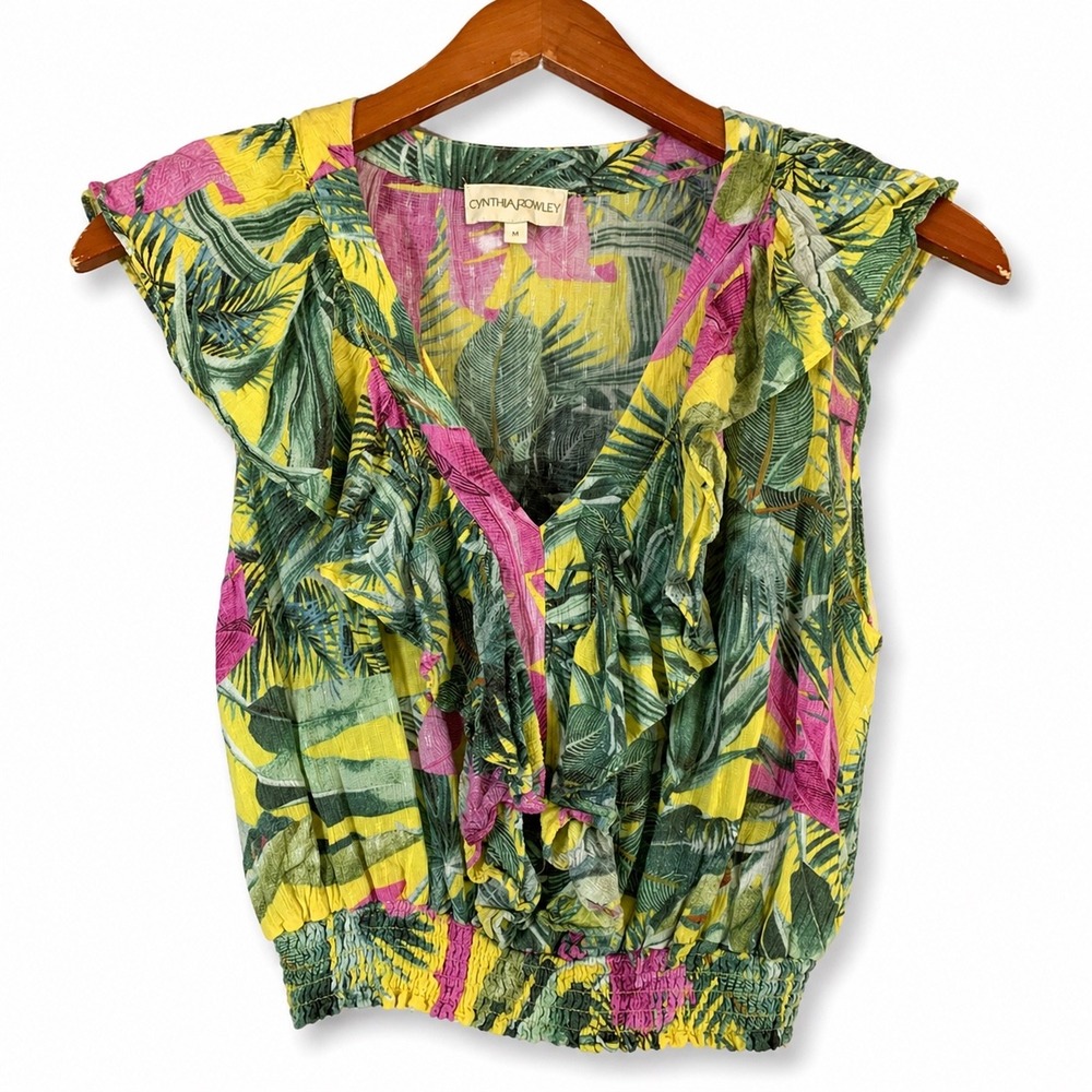 Cynthia Rowley Tropical Floral Ruffle Smocked Waist Rayon Top Yellow Green Med‎
